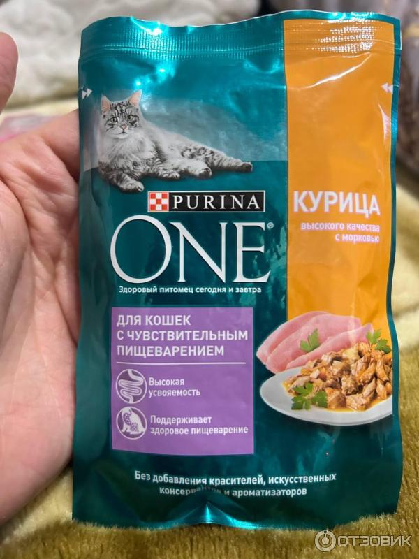 Влажный корм Purina ONE для кошек с чувствительным пищеварением с курицей и морковью фото